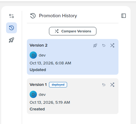 Promotion History with Version 2 highlighted as the newest saved version and Version 1 marked deployed