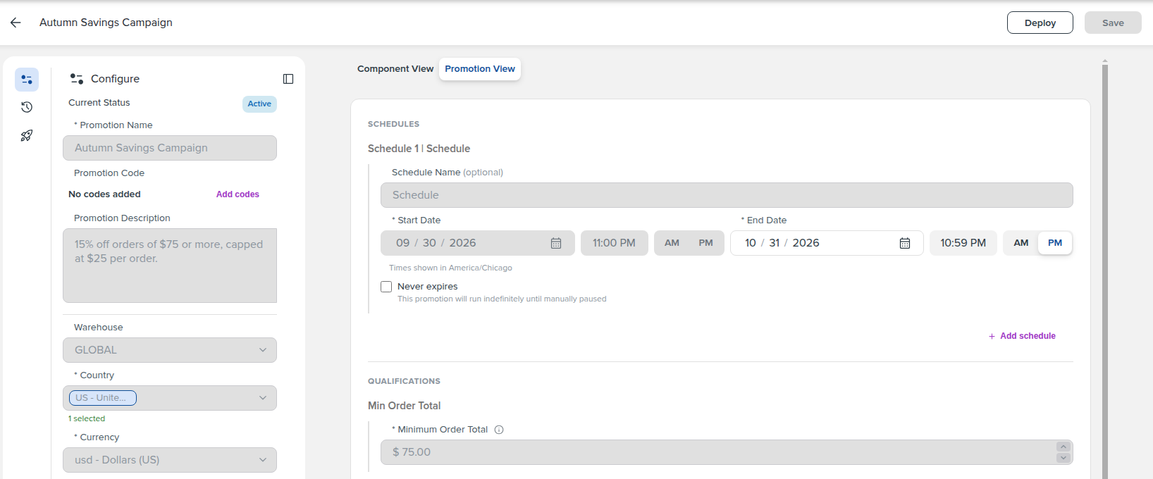 A running promo with its details locked and only the running schedule's end date and Add schedule available