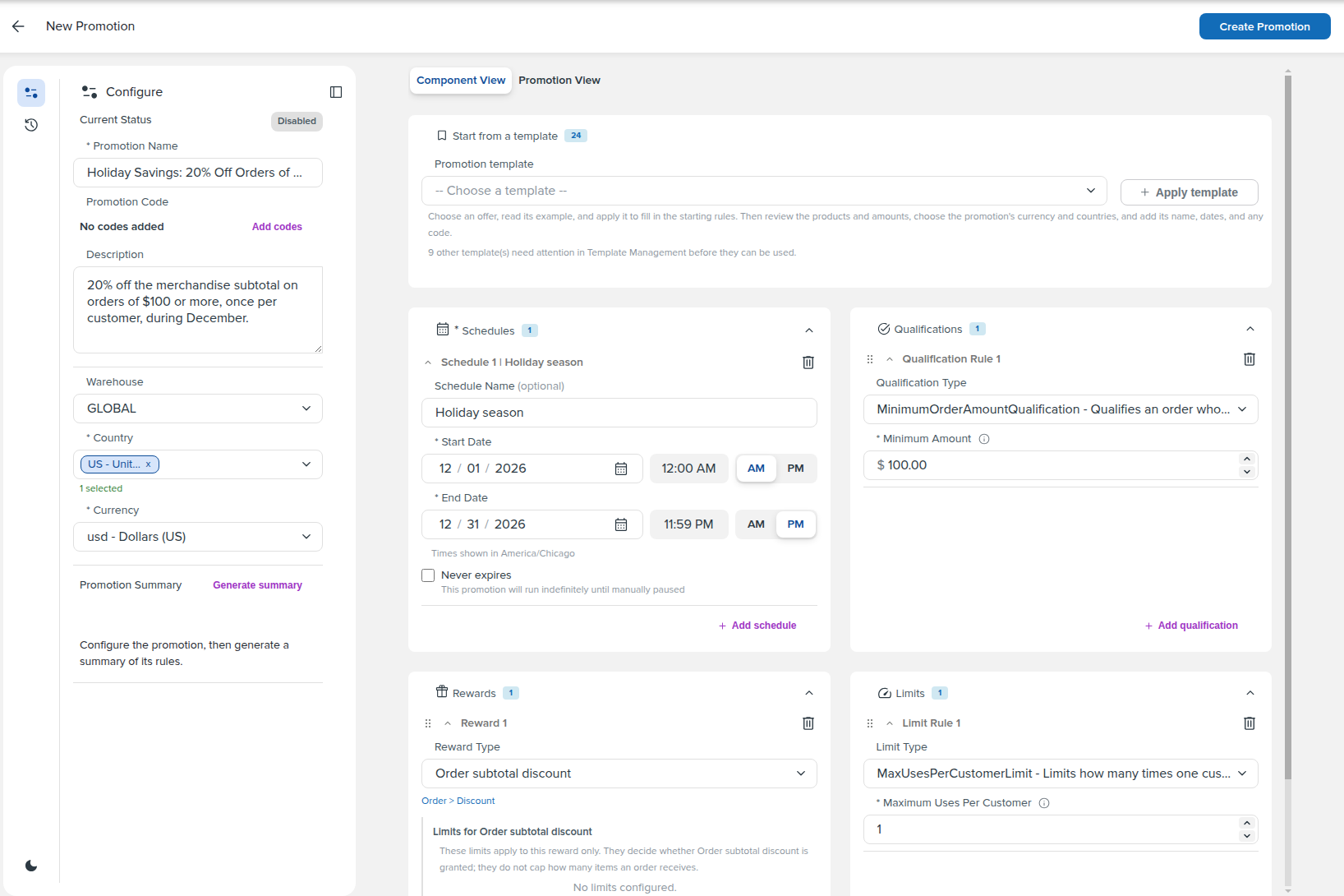 New Promotion in Component View: the Configure panel with the promo's name, description, country, and currency, and the Schedules, Qualifications, Rewards, and Limits panels filled in
