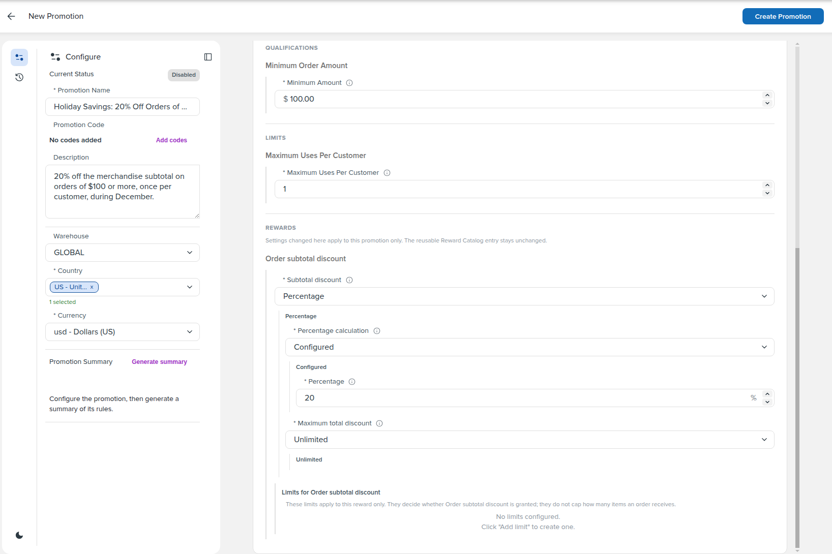 New Promotion in Promotion View: the same Configure panel, and on the right the $100 Minimum Amount, Maximum Uses Per Customer set to 1, and the Order subtotal discount reward with Percentage set to 20