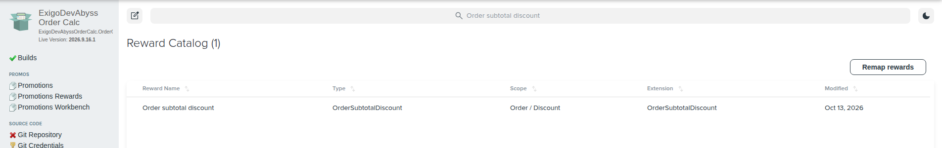 Reward Catalog showing the Order subtotal discount reward, the search bar, and the Remap rewards button