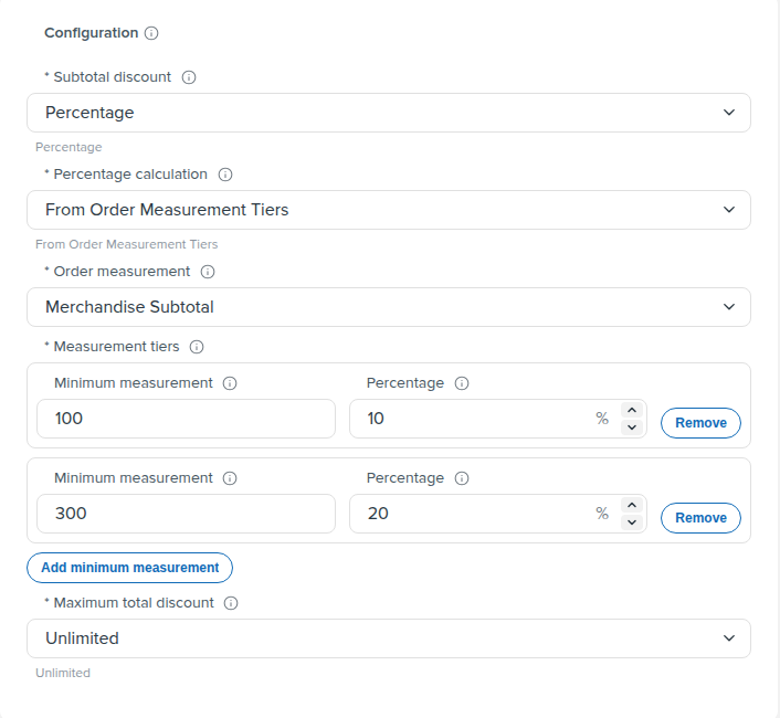 Percentage calculation set to From Order Measurement Tiers, with 10% at 100 and 20% at 300 on the merchandise subtotal