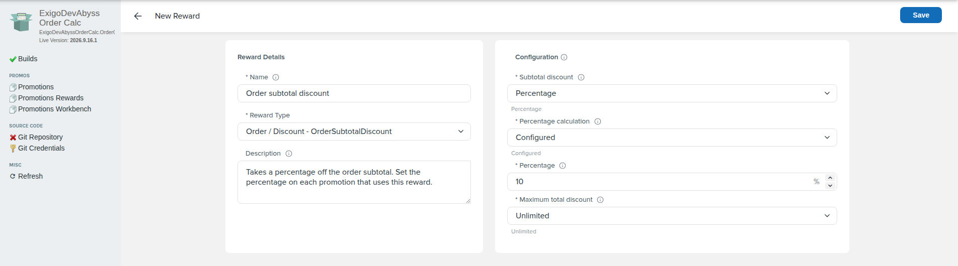 New Reward form with Reward Details on the left and the reward's Configuration on the right
