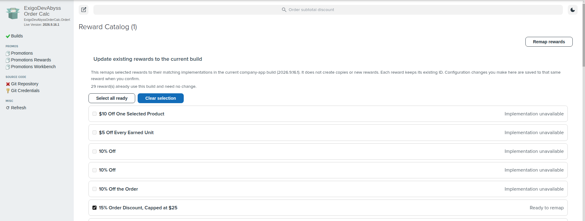Remap rewards listing rewards from earlier builds, with statuses such as Implementation unavailable and Ready to remap