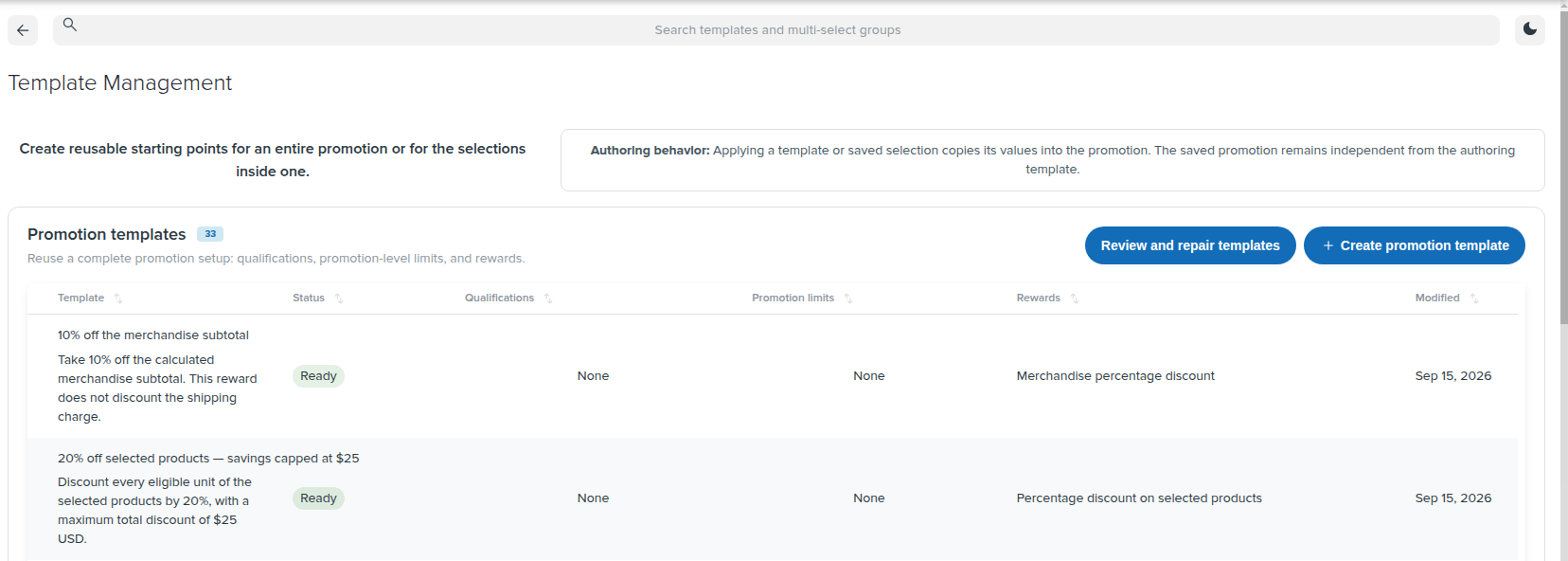 Template Management with the Promotion templates list, the Review and repair templates and Create promotion template buttons, and two Ready templates