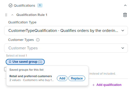 The Use saved group menu on a Customer Types setting, listing Retail and preferred customers with Add and Replace buttons